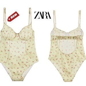 Zara light yellow satin spaghetti strap sweetheart neckline floral bodysuit NWT